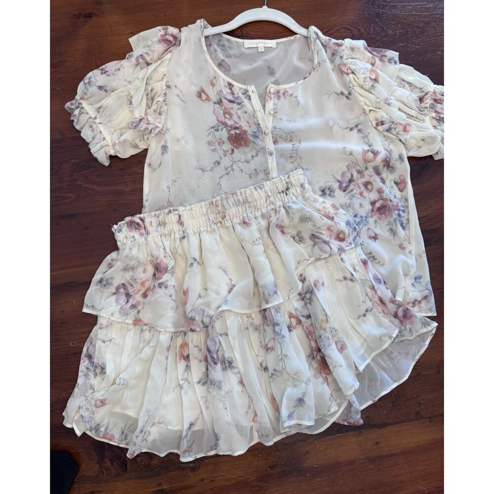 LoveShackFancy Floral Blouse and Skirt Set in Cream and Pink